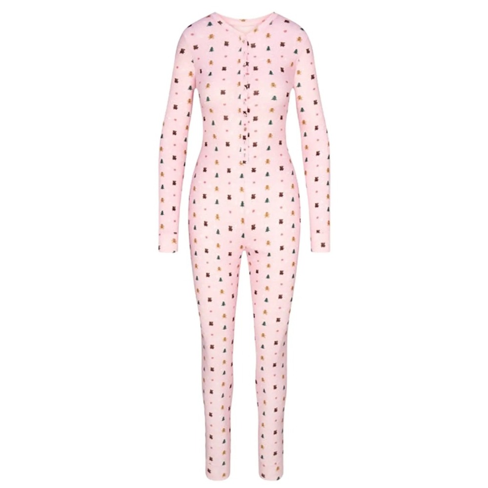 Skims CPFM Plush Pointelle Onesie Gingerbread Snow Print Pink XS OS-ONS-10872W